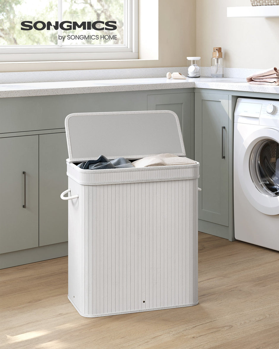 Laundry Hamper – Bamboo – White – 100L with Lid and Handles, Removable and Machine Washable