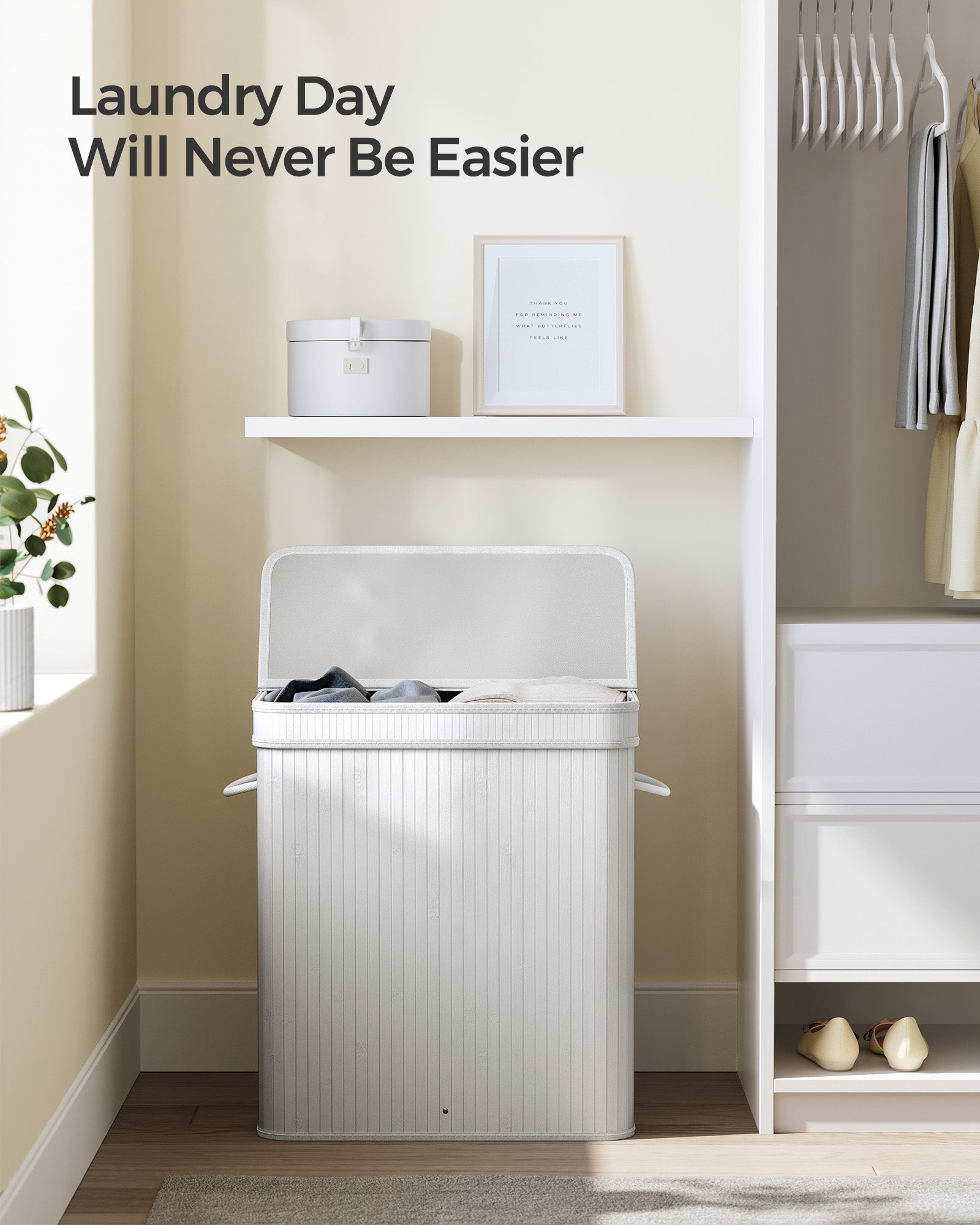 Laundry Hamper – Bamboo – White – 100L with Lid and Handles, Removable and Machine Washable