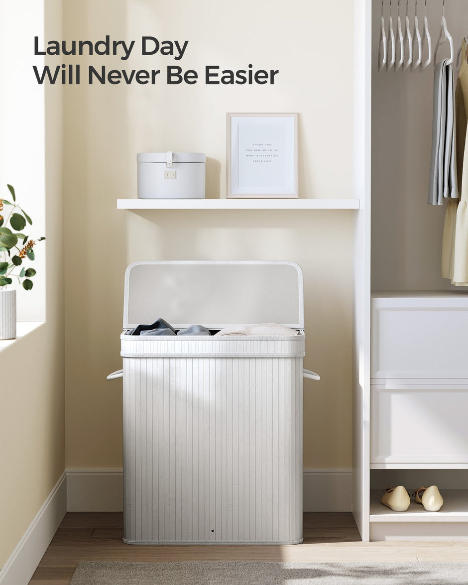 Laundry Hamper – Bamboo – White – 100L with Lid and Handles, Removable and Machine Washable