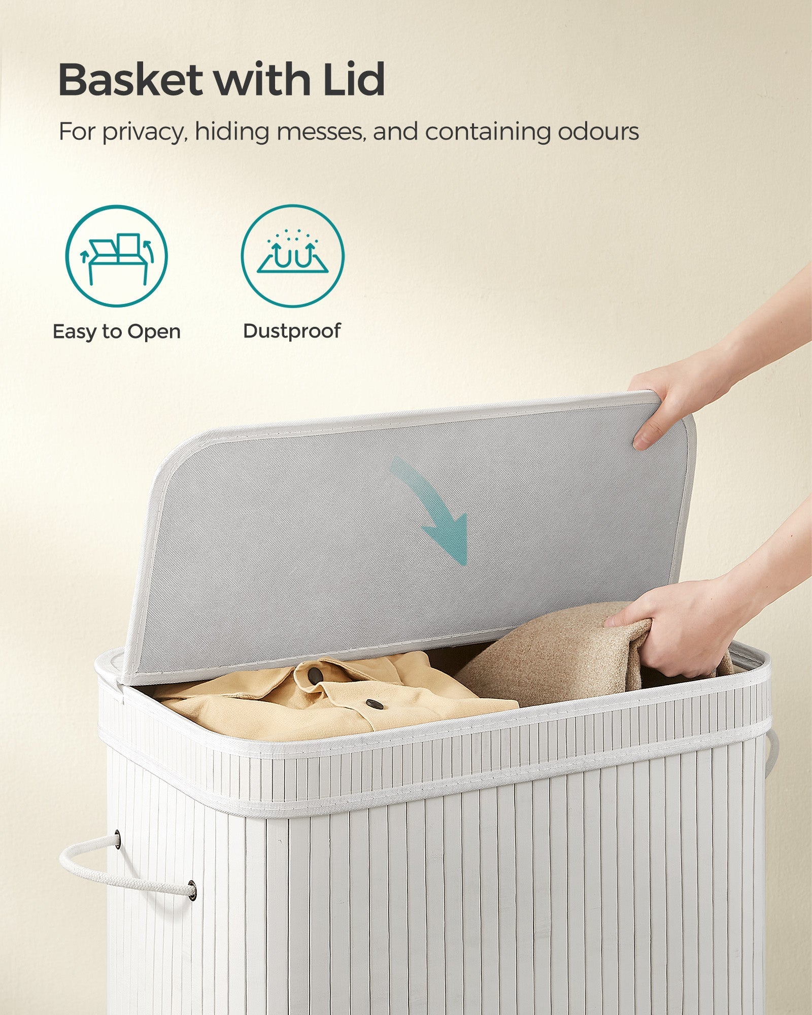 Laundry Hamper – Bamboo – White – 100L with Lid and Handles, Removable and Machine Washable