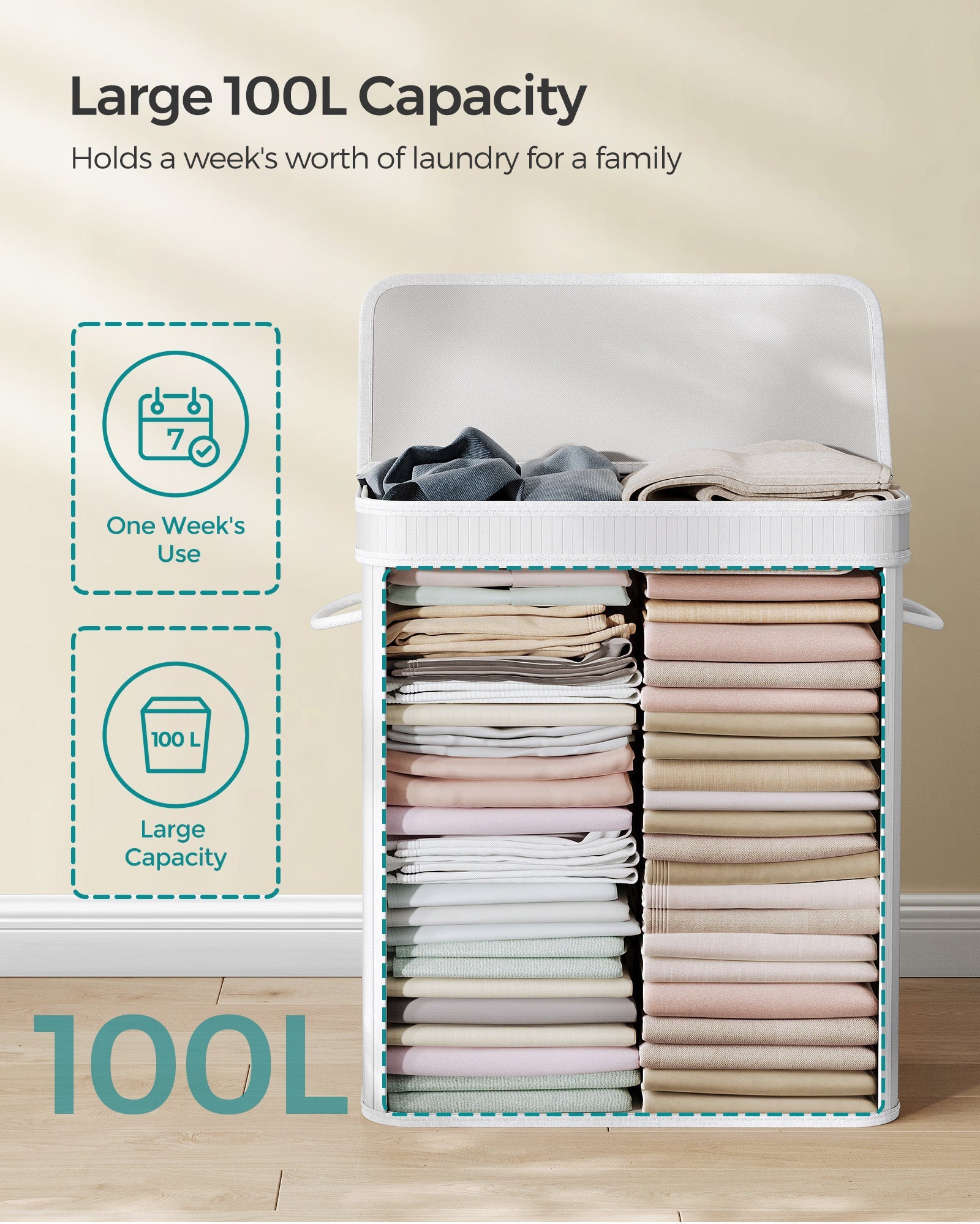 Laundry Hamper – Bamboo – White – 100L with Lid and Handles, Removable and Machine Washable