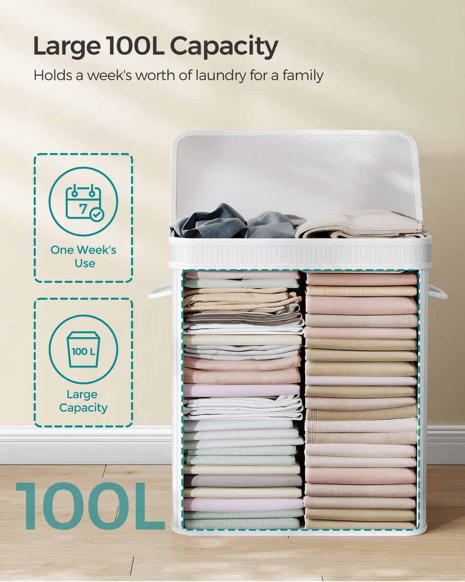 Laundry Hamper – Bamboo – White – 100L with Lid and Handles, Removable and Machine Washable