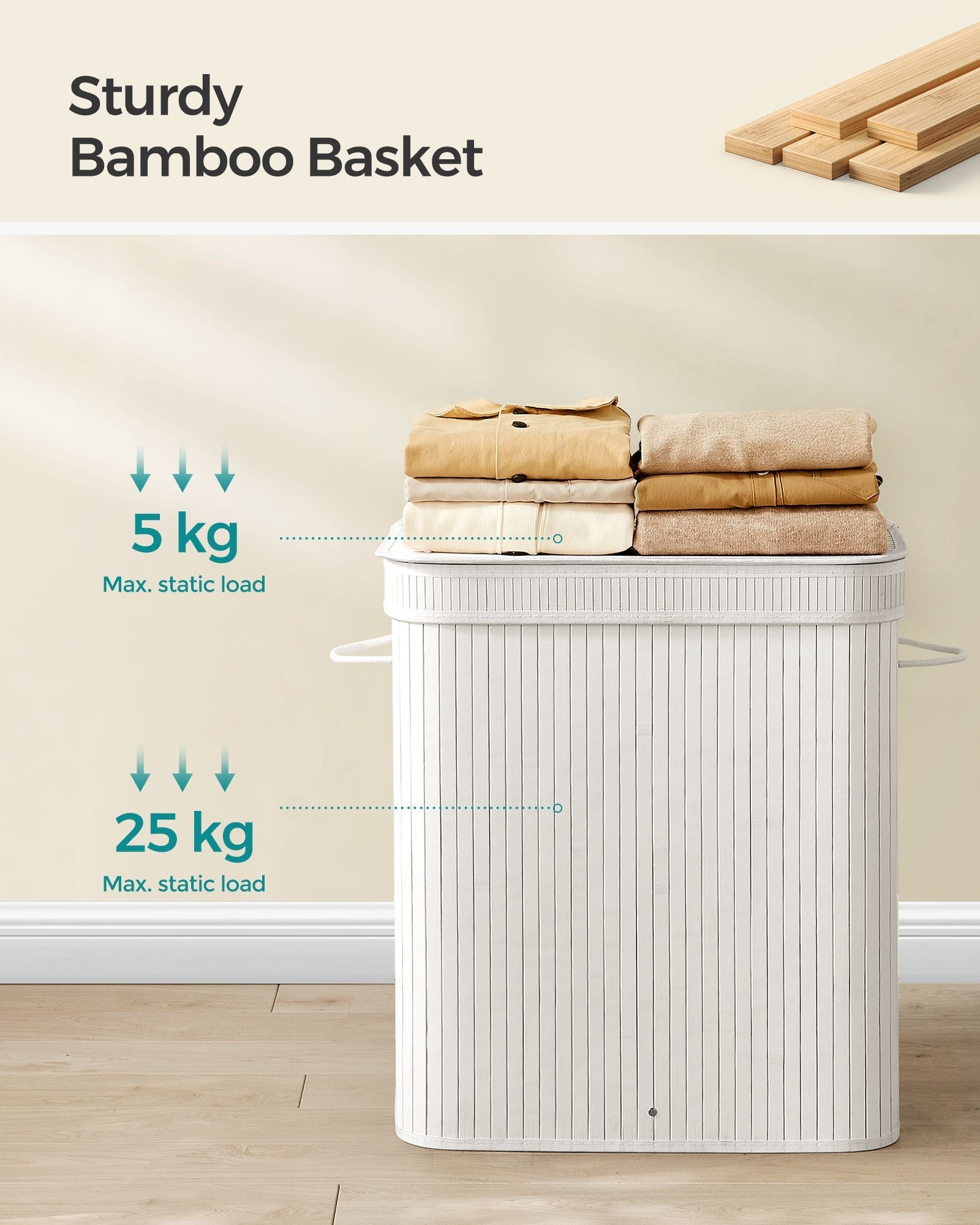 Laundry Hamper – Bamboo – White – 100L with Lid and Handles, Removable and Machine Washable