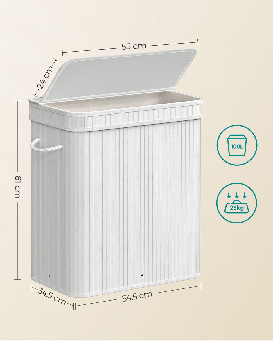 Laundry Hamper – Bamboo – White – 100L with Lid and Handles, Removable and Machine Washable