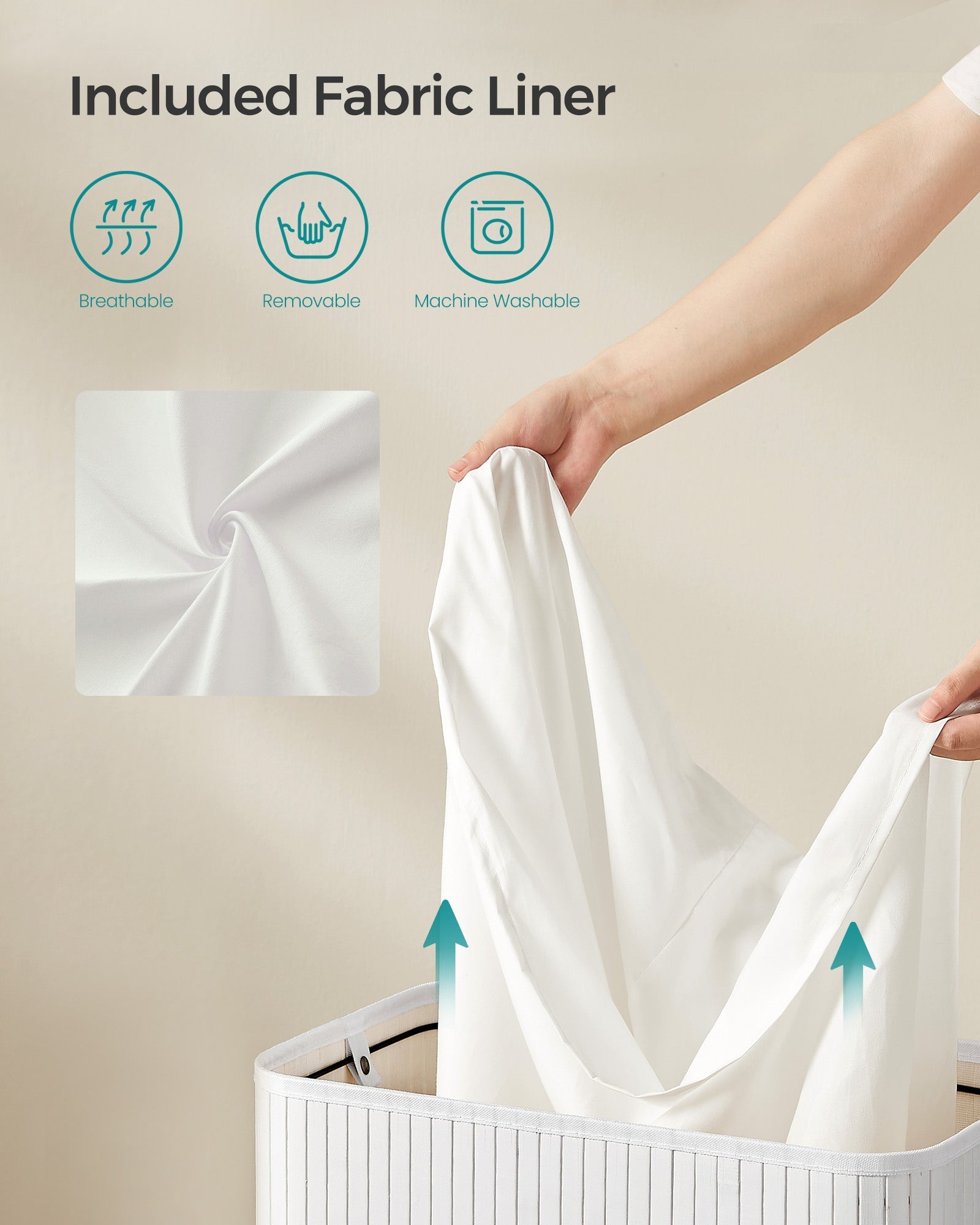 Laundry Hamper – Bamboo – White – 100L with Lid and Handles, Removable and Machine Washable