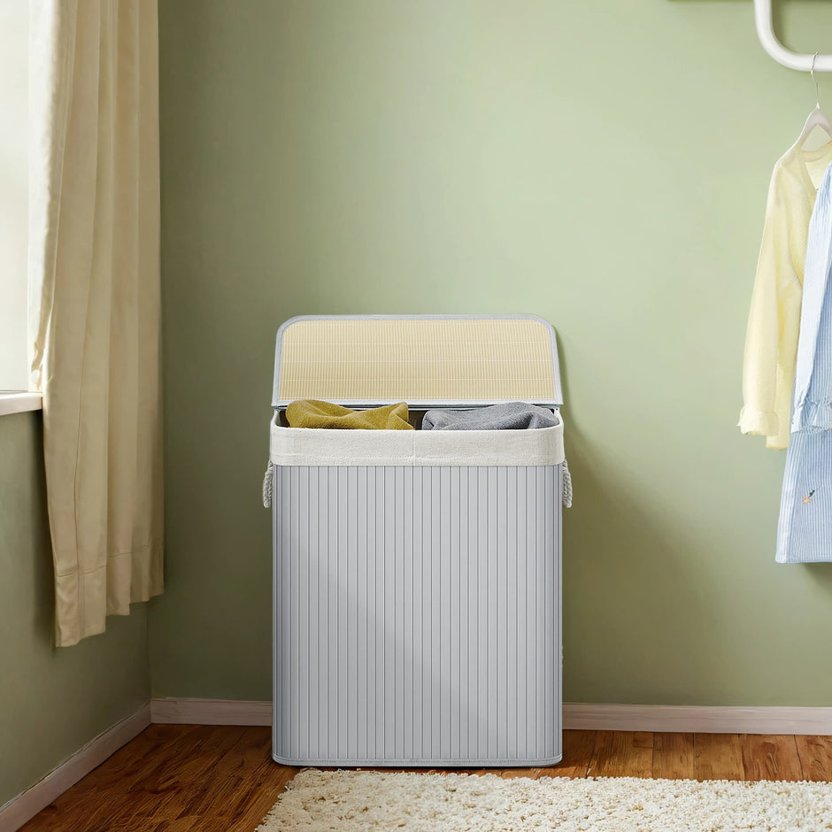 Laundry Basket – Bamboo – Grey – 2 Sorting Compartments with Removable Liners