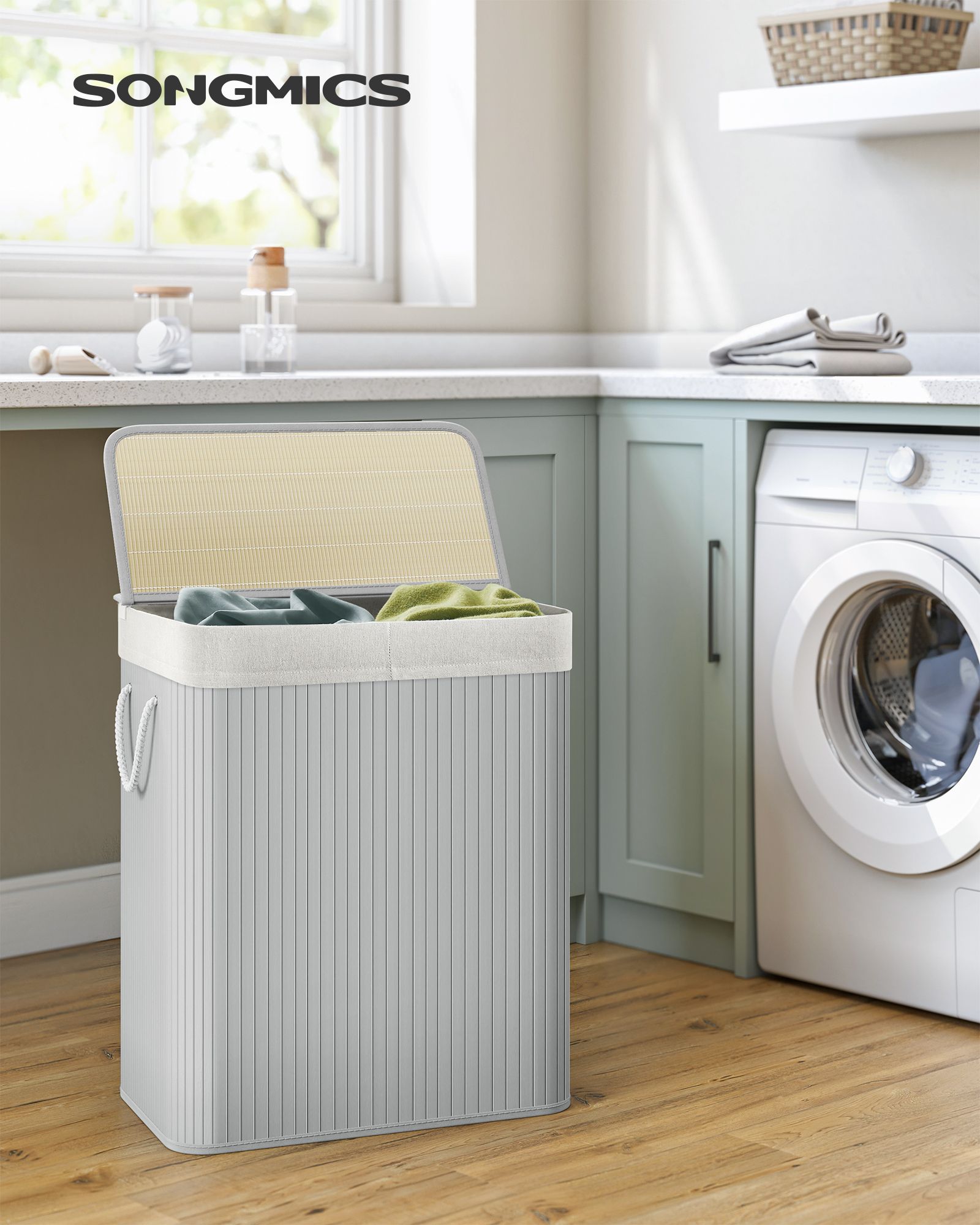 Divided Laundry Basket – Bamboo – Grey – 100L Capacity with Removable Liners and Lid