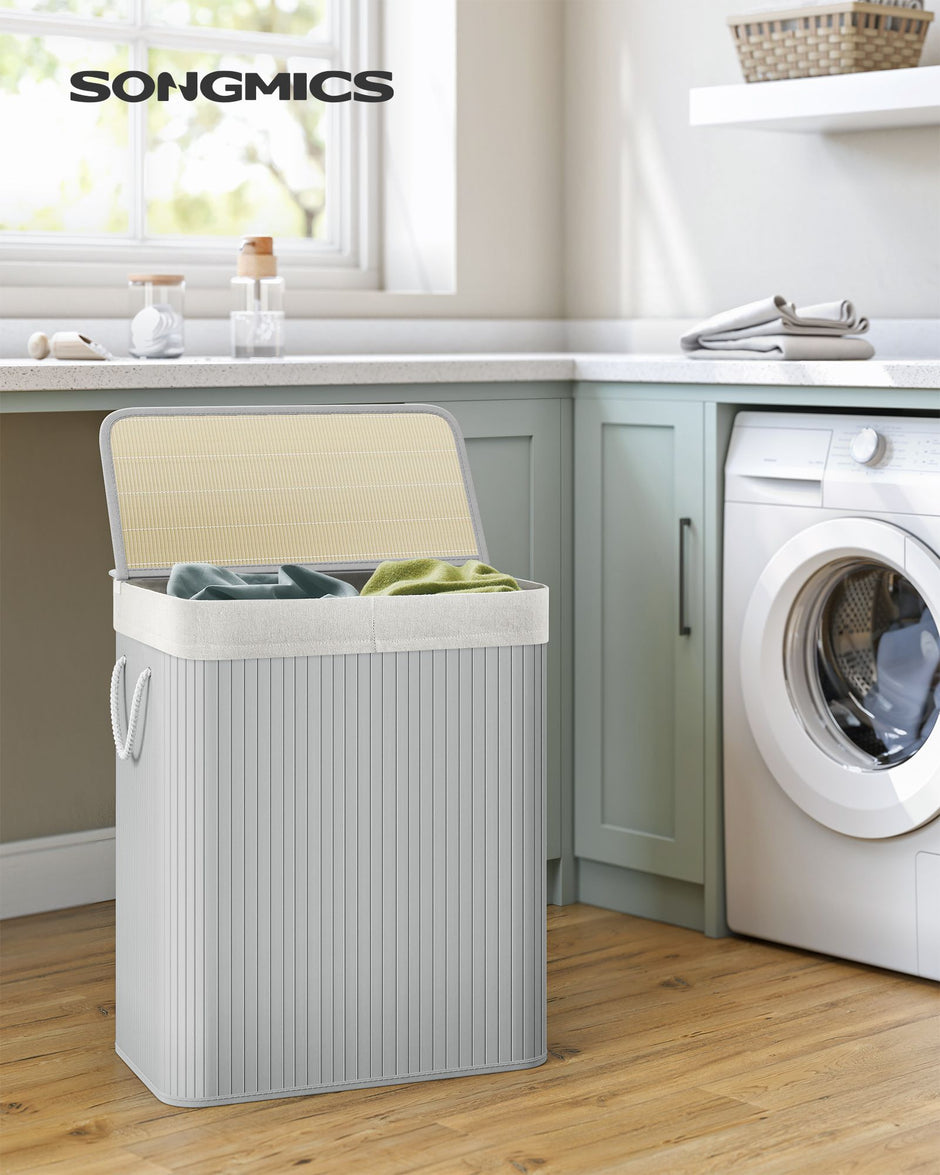 Divided Laundry Basket – Bamboo – Grey – 100L Capacity with Removable Liners and Lid