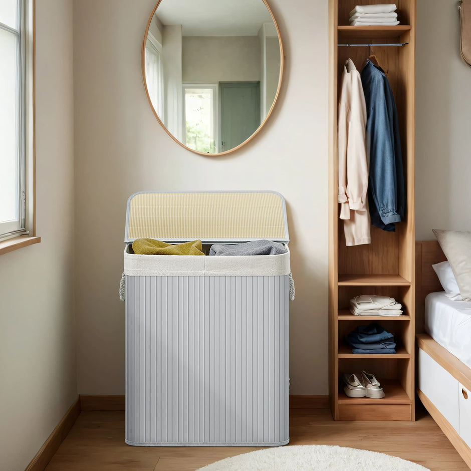 Laundry Basket – Bamboo – Grey – 2 Sorting Compartments with Removable Liners