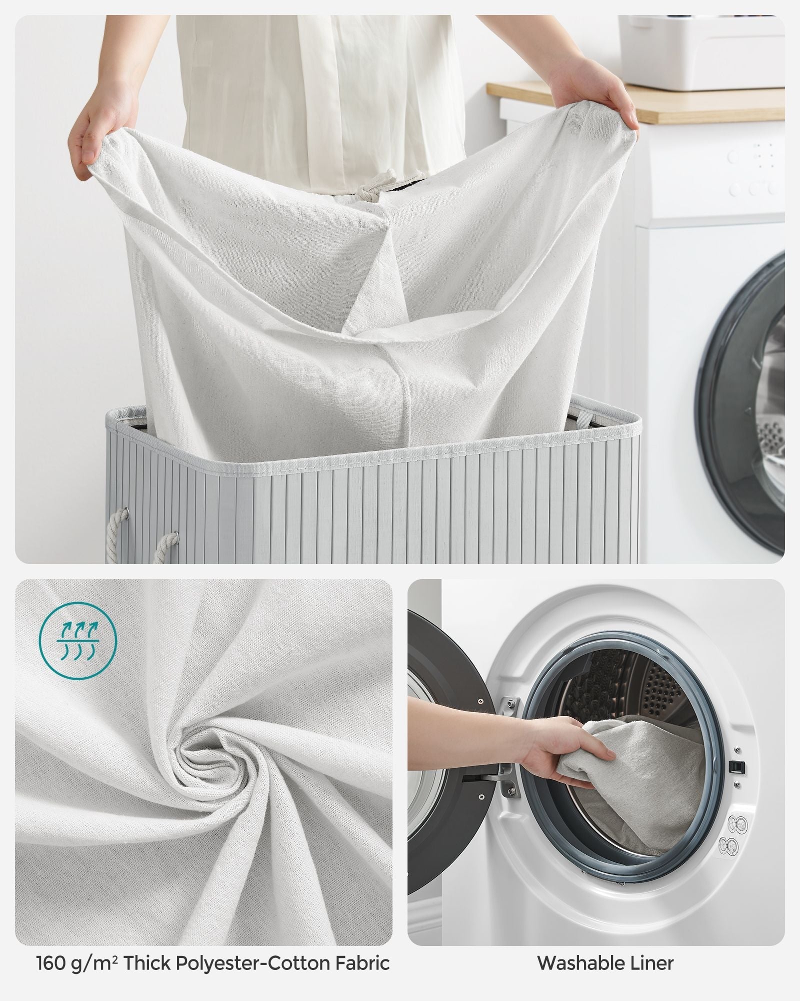 Divided Laundry Basket – Bamboo – Grey – 100L Capacity with Removable Liners and Lid