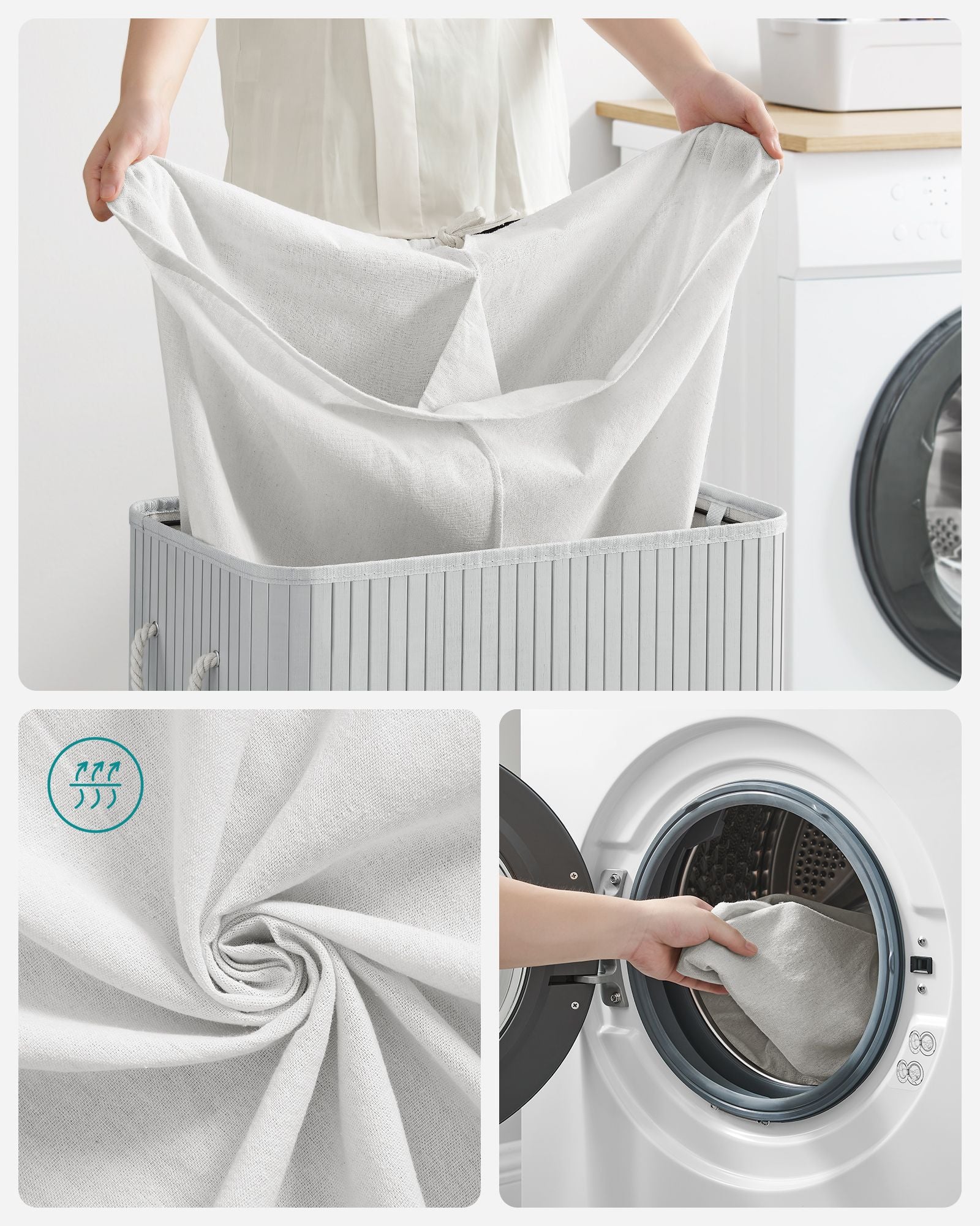 Divided Laundry Basket – Bamboo – Grey – 100L Capacity with Removable Liners and Lid