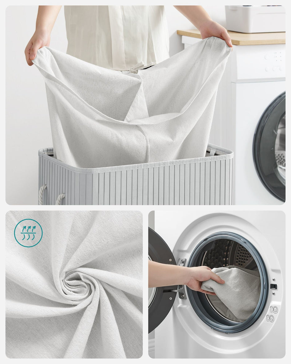 Divided Laundry Basket – Bamboo – Grey – 100L Capacity with Removable Liners and Lid