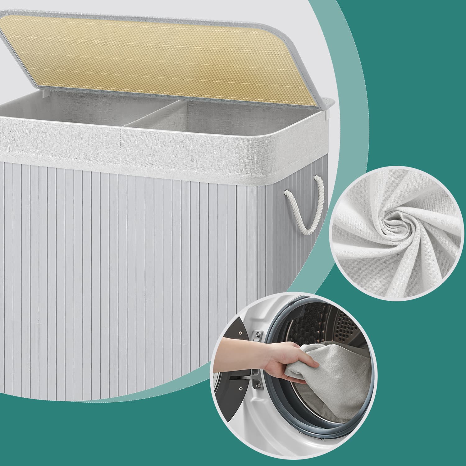 Laundry Basket – Bamboo – Grey – 2 Sorting Compartments with Removable Liners