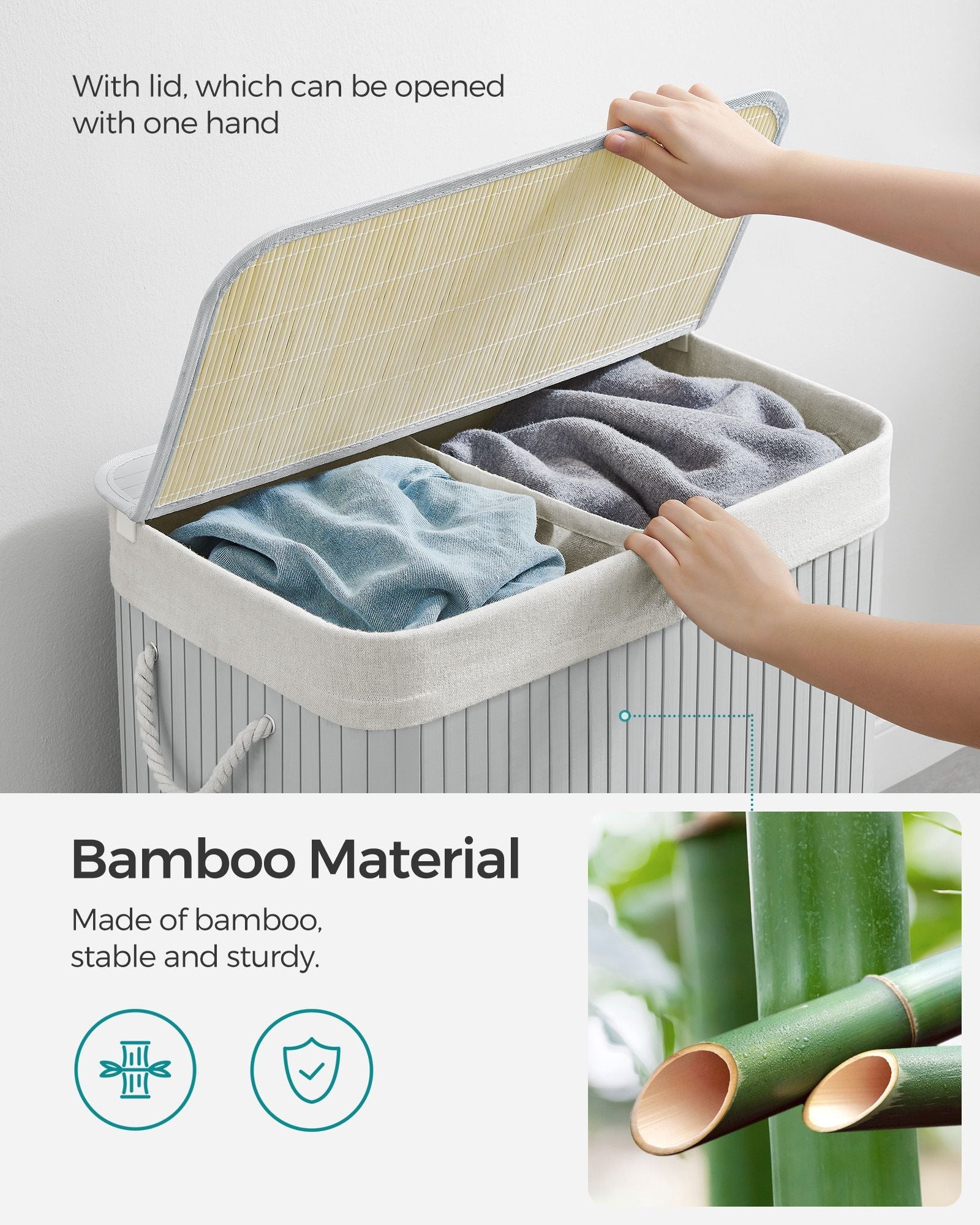 Divided Laundry Basket – Bamboo – Grey – 100L Capacity with Removable Liners and Lid