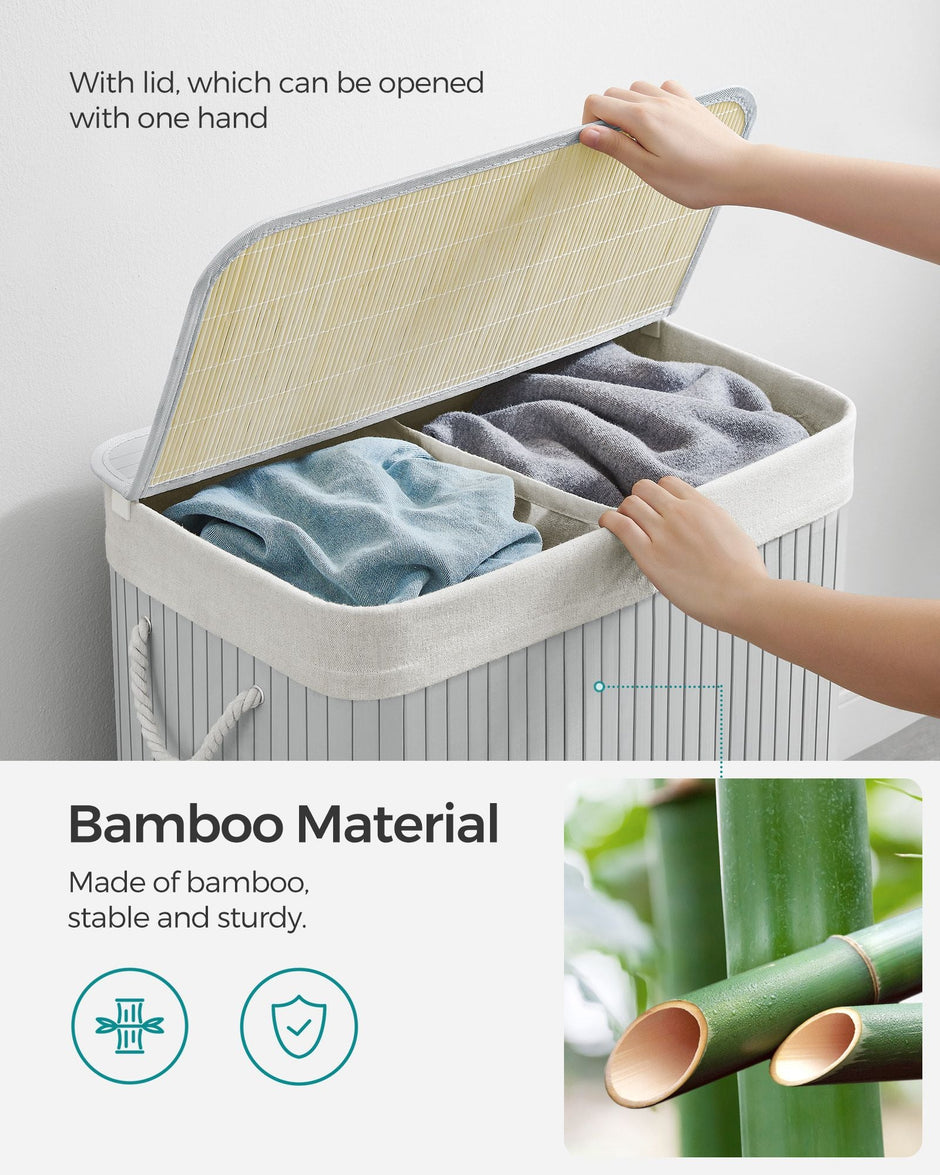 Divided Laundry Basket – Bamboo – Grey – 100L Capacity with Removable Liners and Lid