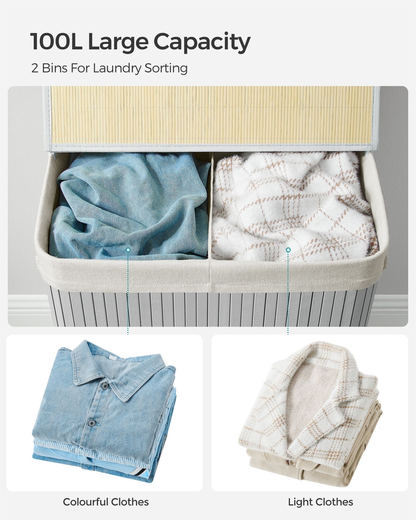 Divided Laundry Basket – Bamboo – Grey – 100L Capacity with Removable Liners and Lid