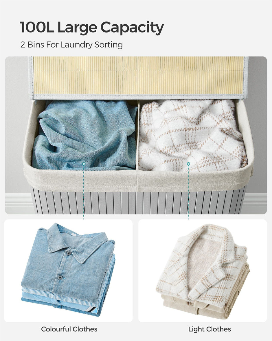 Divided Laundry Basket – Bamboo – Grey – 100L Capacity with Removable Liners and Lid