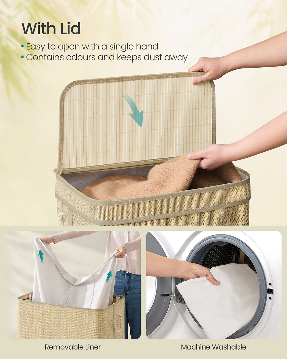 Laundry Basket – Bamboo – Natural – 90 L with Removable Liner and Lid