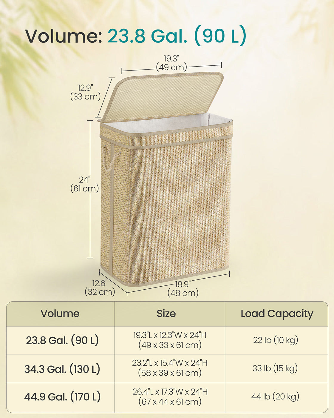 Laundry Basket – Bamboo – Natural – 90 L with Removable Liner and Lid