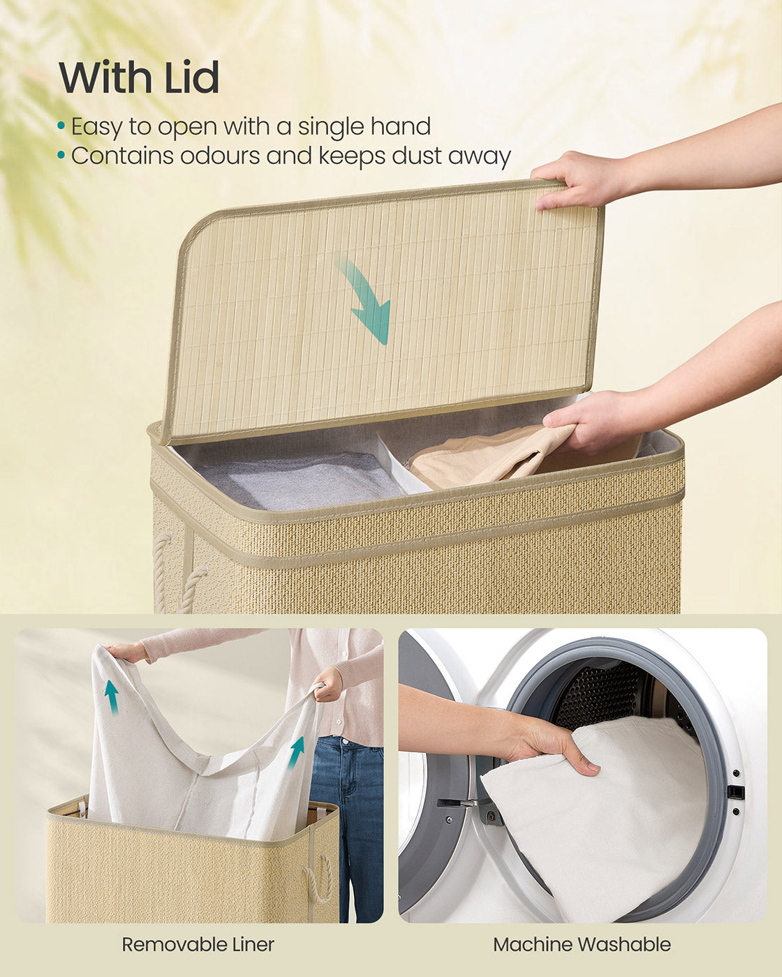 Laundry Basket – Bamboo – Natural – 130 L Capacity with Removable Liner and Lid