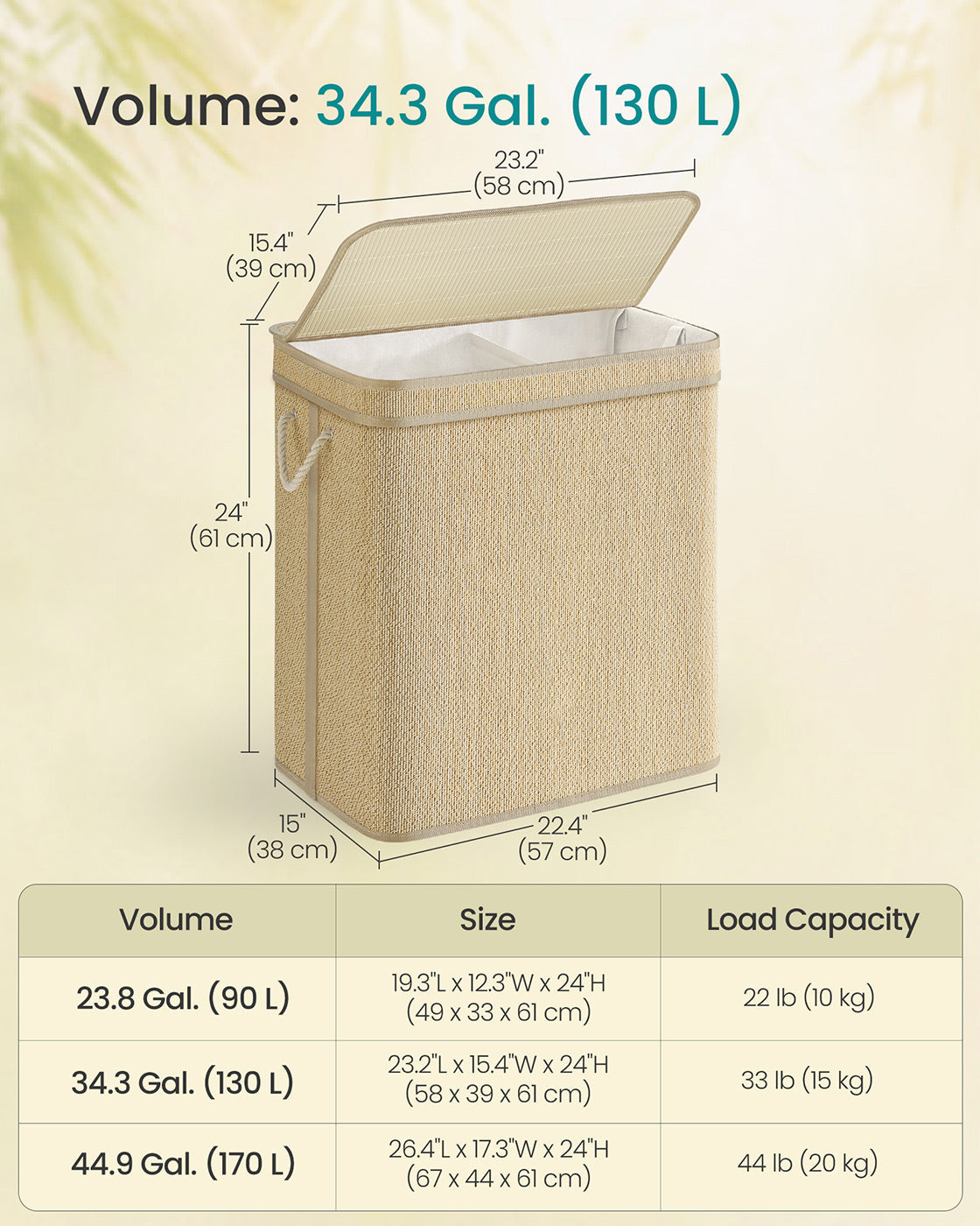 Laundry Basket – Bamboo – Natural – 130 L Capacity with Removable Liner and Lid