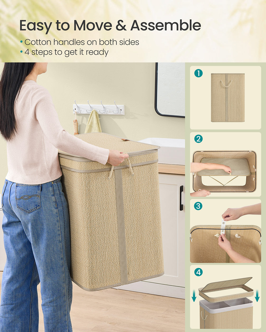 Laundry Basket – Bamboo – Natural – 130 L Capacity with Removable Liner and Lid