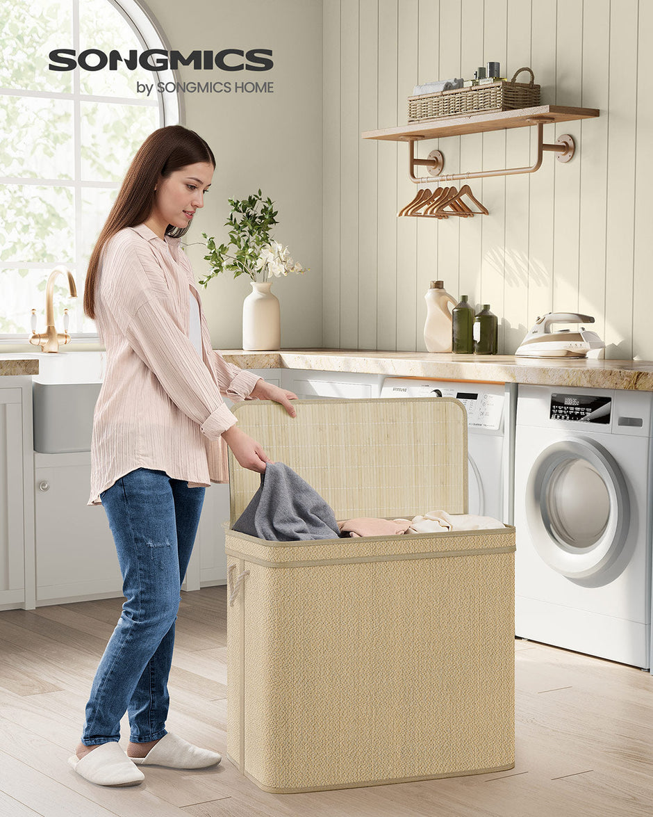 Laundry Basket – Bamboo – Natural – 170 L Capacity with Removable Liner and Lid