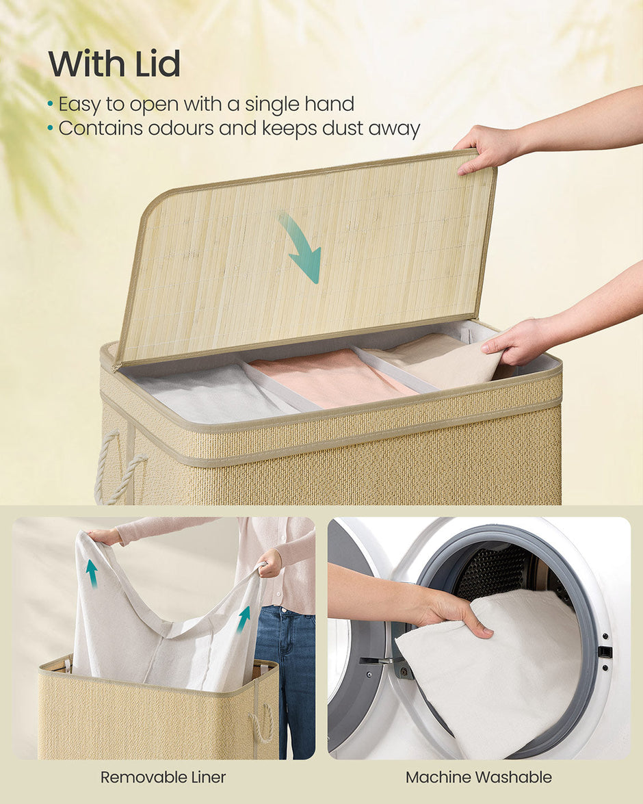 Laundry Basket – Bamboo – Natural – 170 L Capacity with Removable Liner and Lid