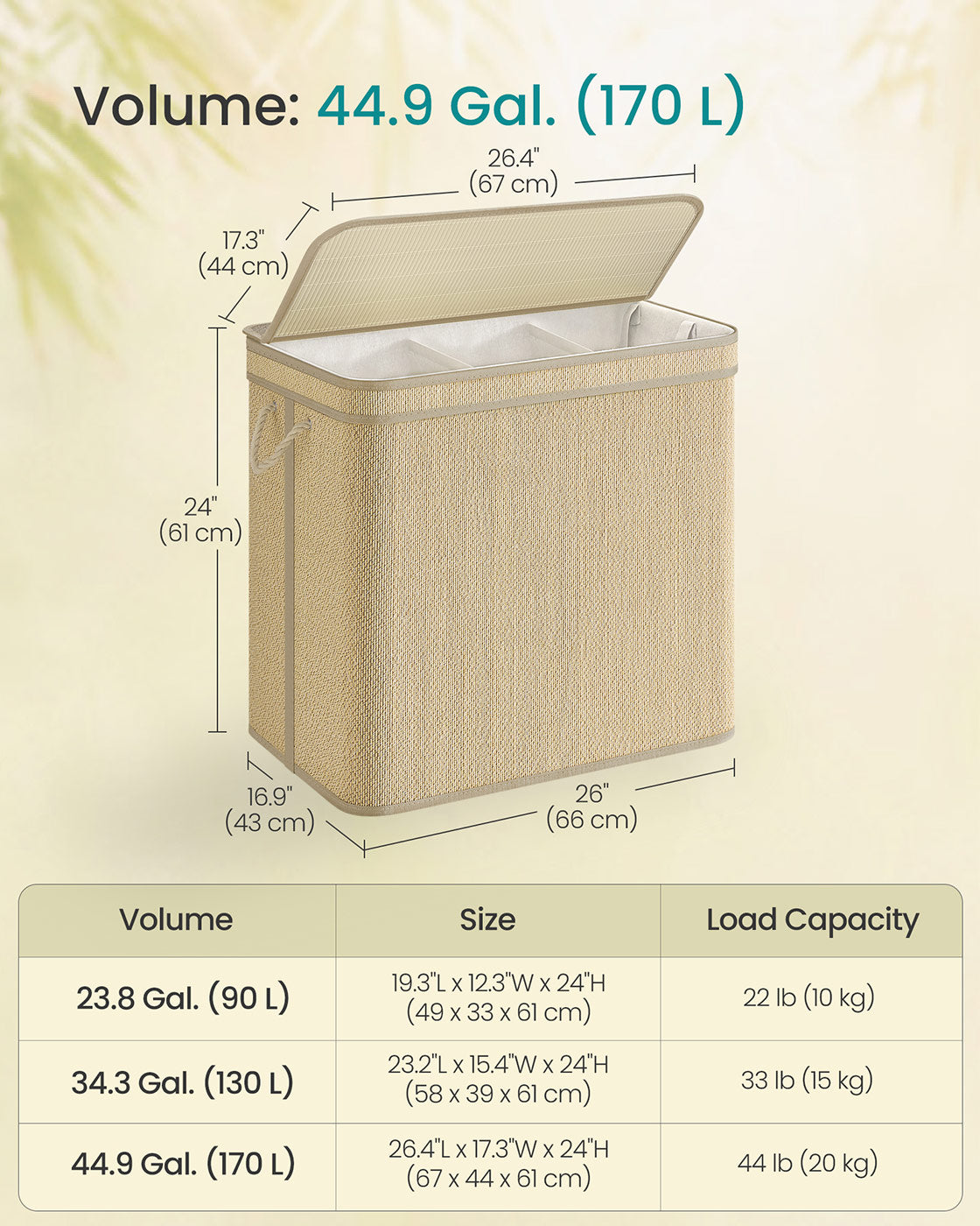 Laundry Basket – Bamboo – Natural – 170 L Capacity with Removable Liner and Lid
