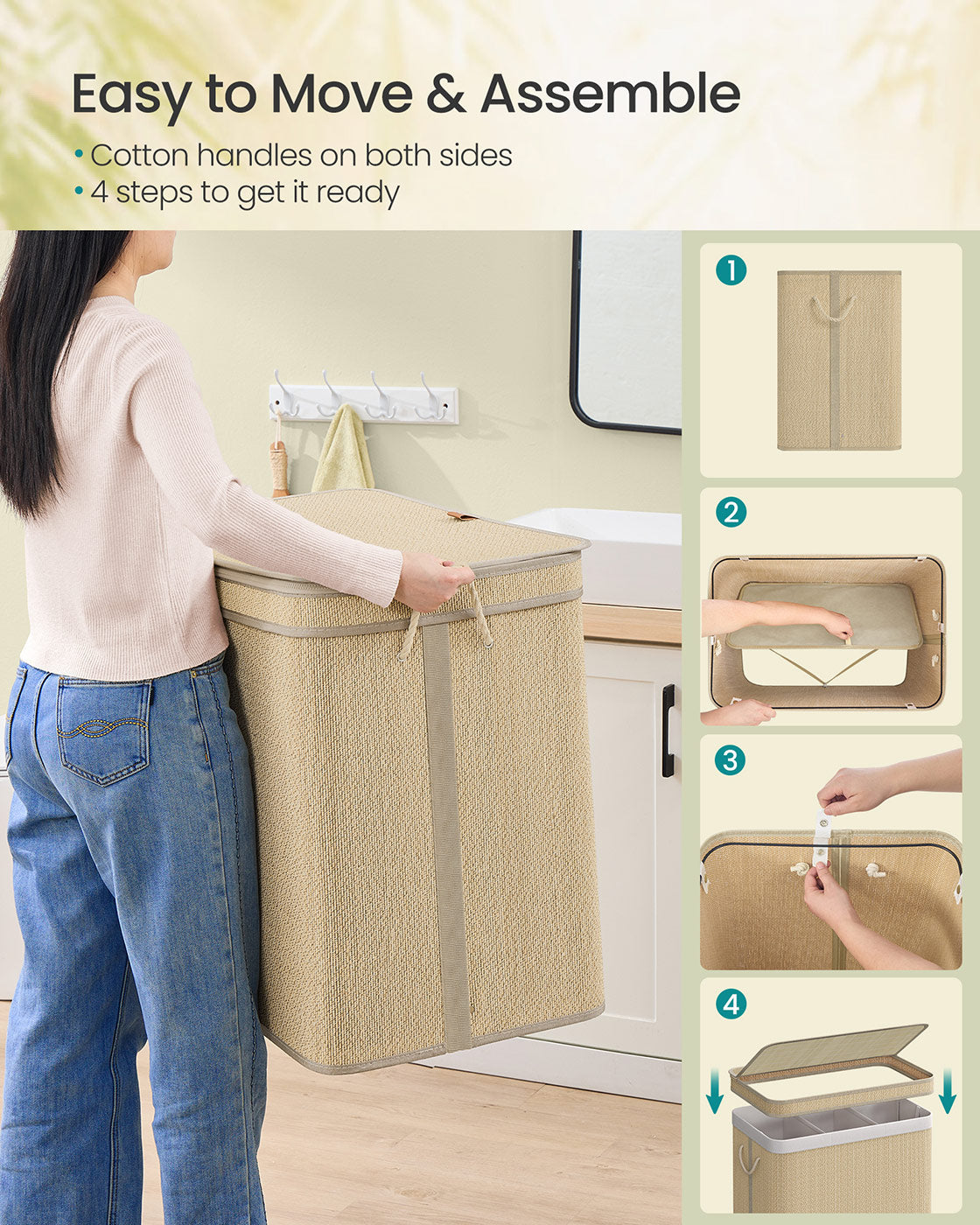 Laundry Basket – Bamboo – Natural – 170 L Capacity with Removable Liner and Lid