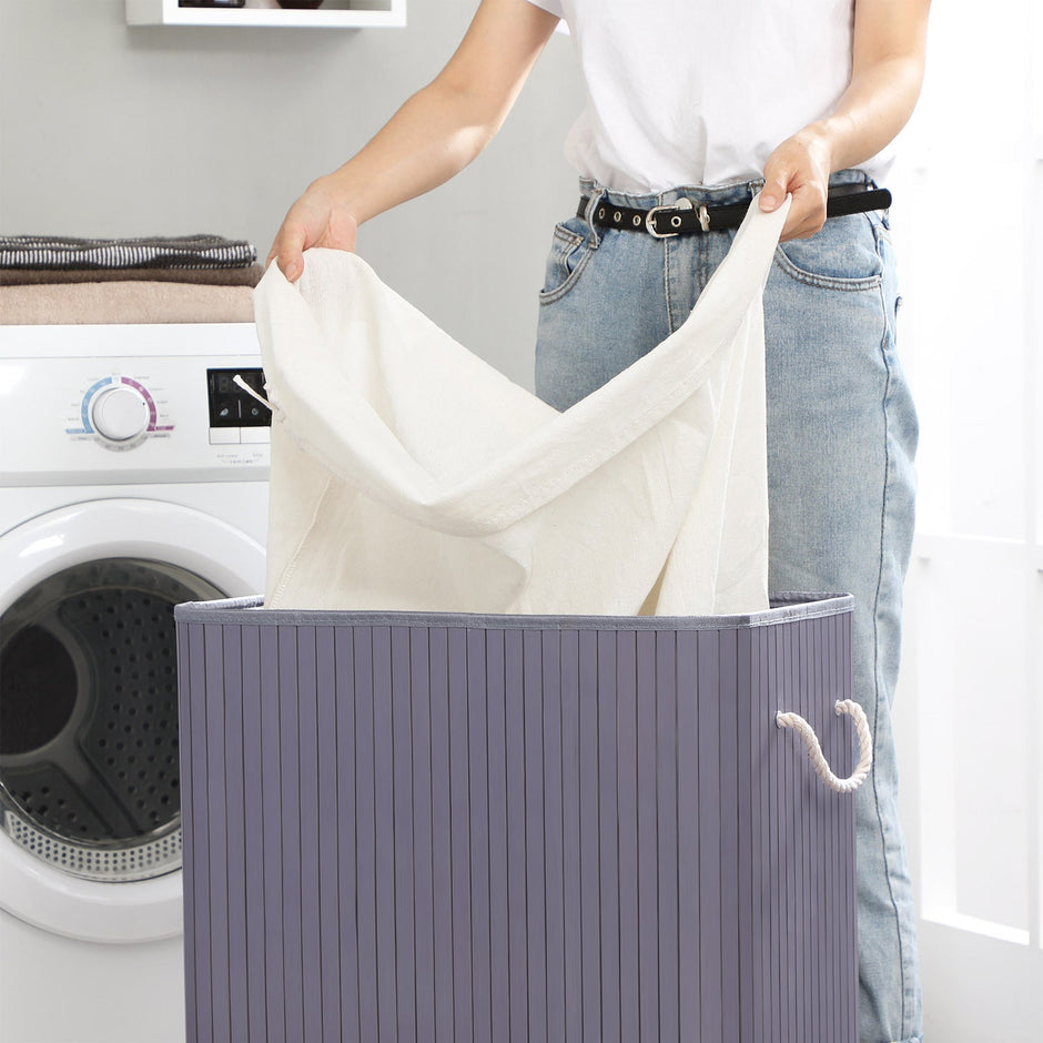 Laundry Hamper – Fabric – Distressed Grey – With Lid, Removable Liner Bag, and Handles, Foldable, 100L