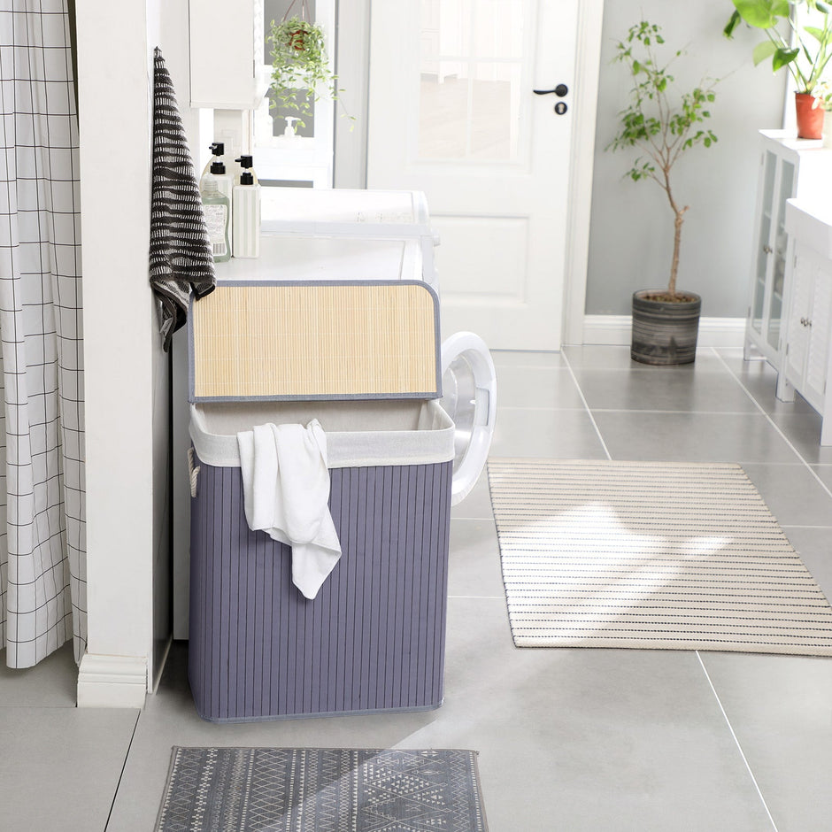 Laundry Hamper – Fabric – Distressed Grey – With Lid, Removable Liner Bag, and Handles, Foldable, 100L