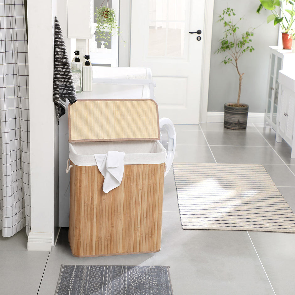 Laundry Hamper – Bamboo – Distressed Grey – Removable Lid and Liner Bag, 100L