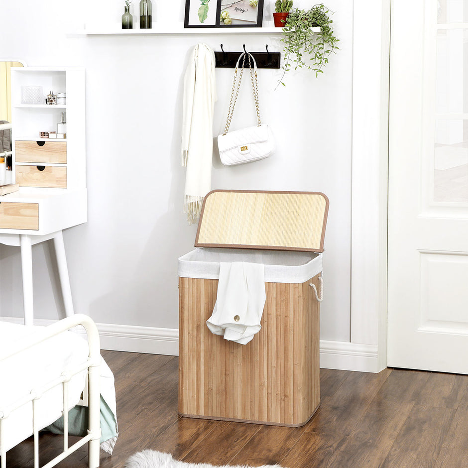 Laundry Hamper – Bamboo – Distressed Grey – Removable Lid and Liner Bag, 100L