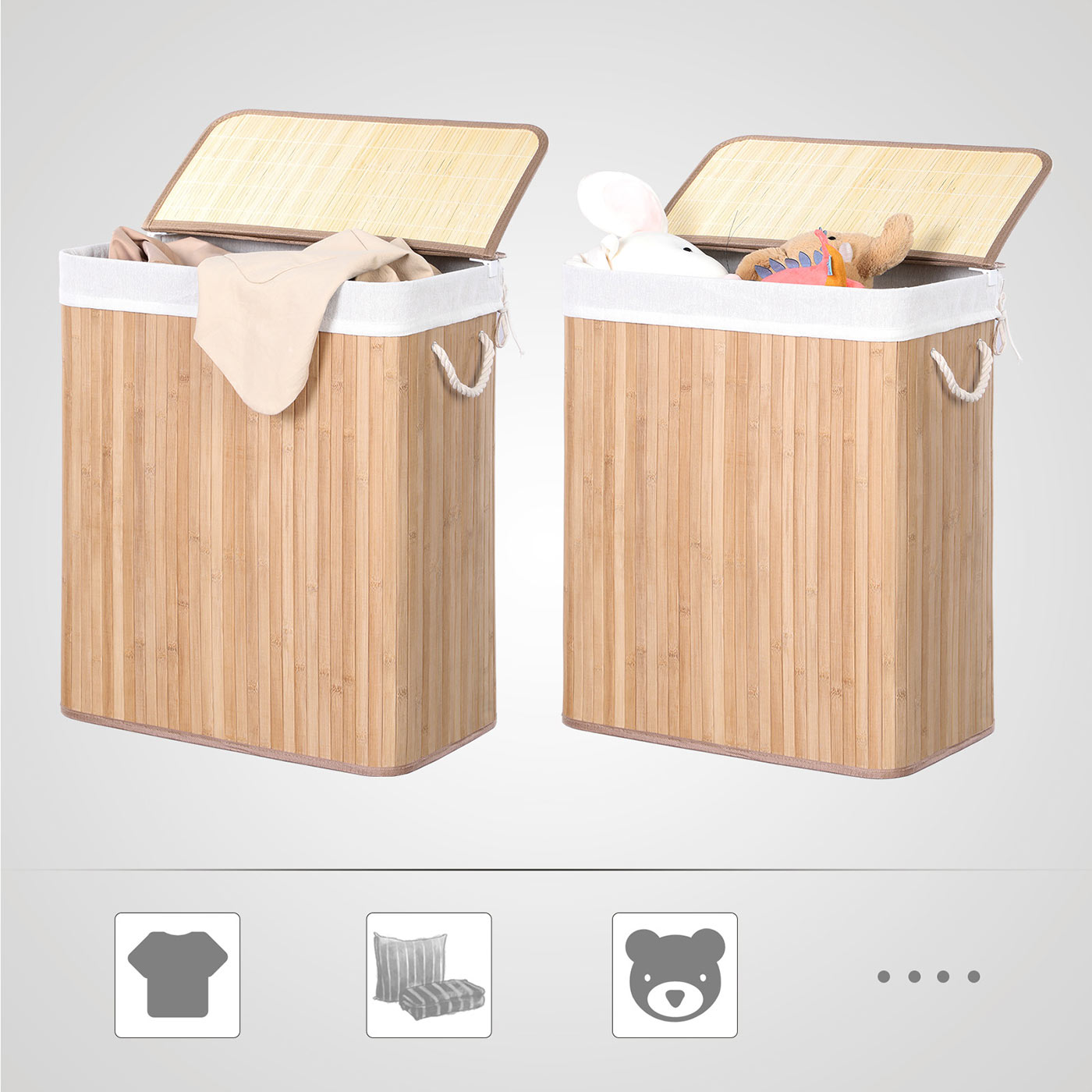 Laundry Hamper – Bamboo – Distressed Grey – Removable Lid and Liner Bag, 100L