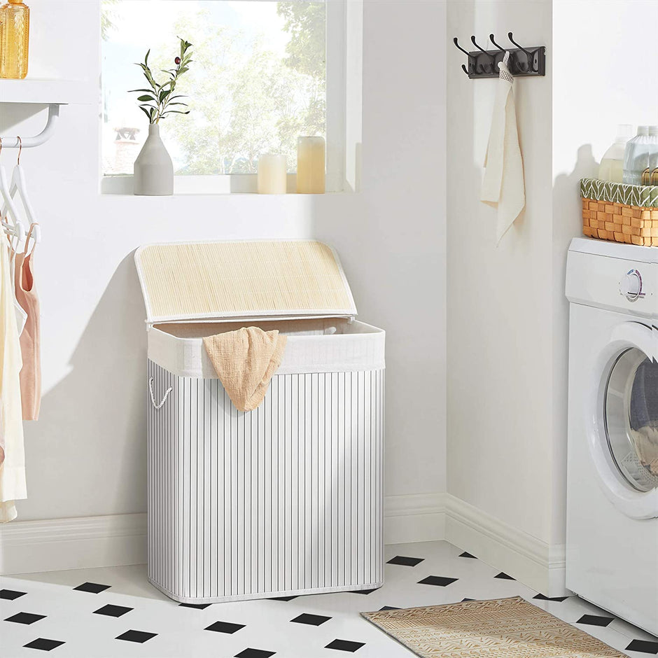 Laundry Hamper – Wood – Distressed Grey – Removable Lid and Liner Bag, Foldable, 100L