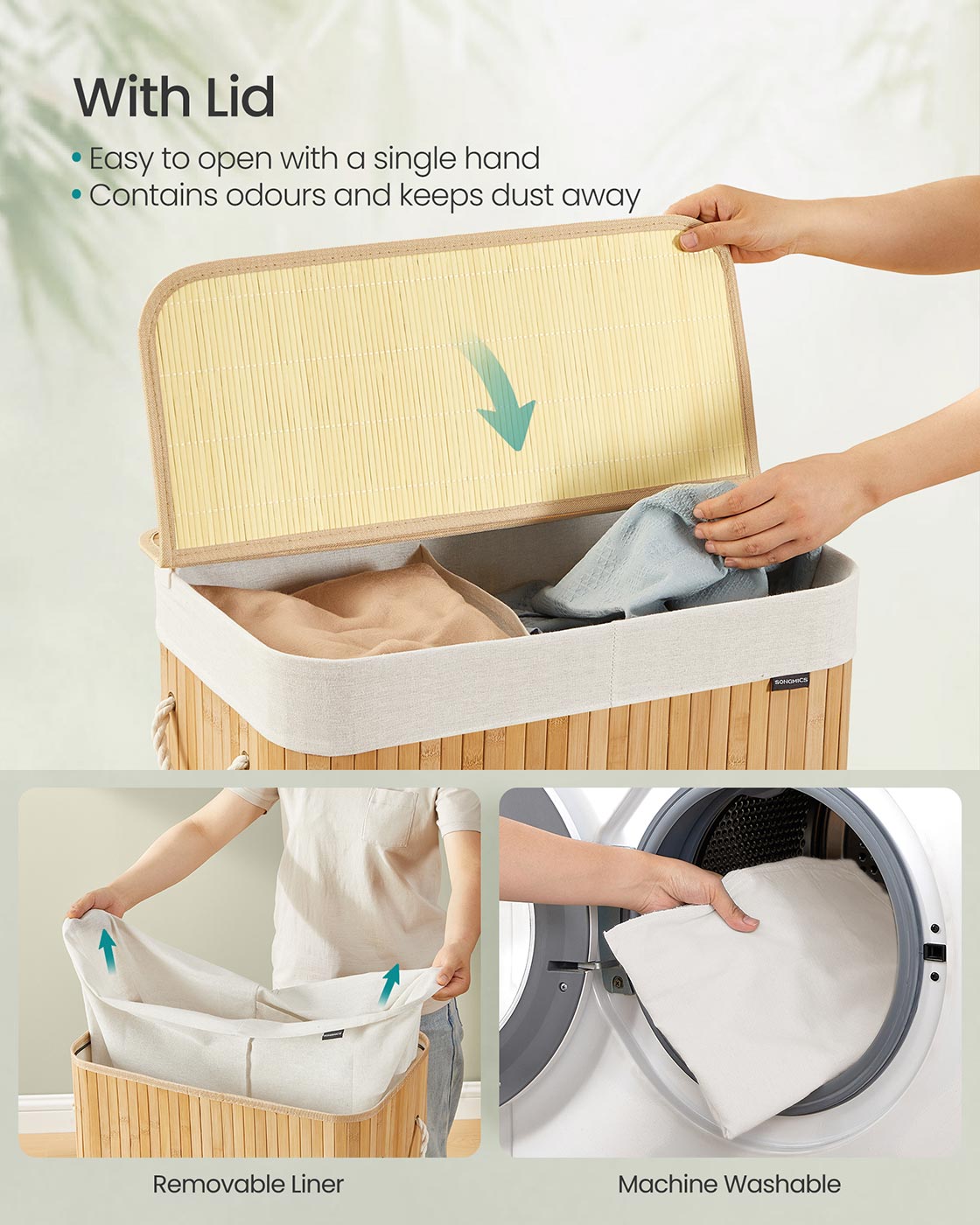 Laundry Basket – Bamboo – Natural – Foldable with Removable and Machine Washable Liner