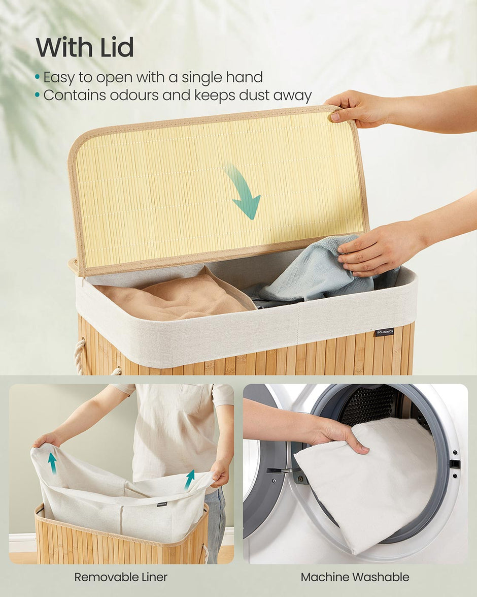 Laundry Basket – Bamboo – Natural – Foldable with Removable and Machine Washable Liner