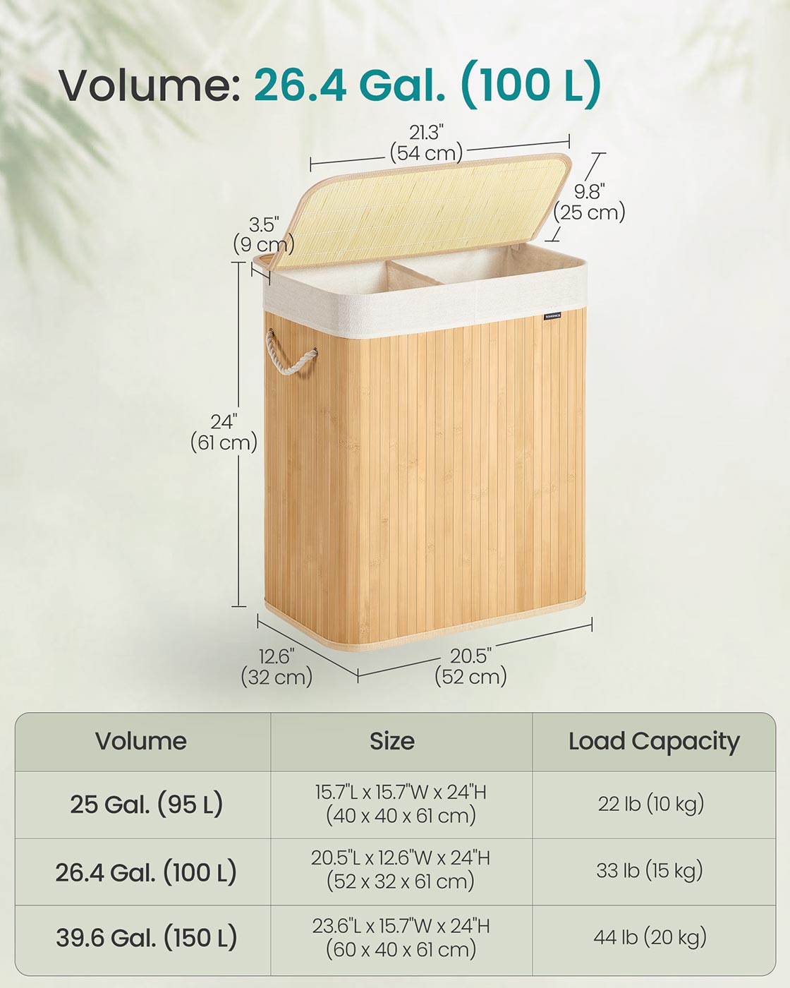 Laundry Basket – Bamboo – Natural – Foldable with Removable and Machine Washable Liner