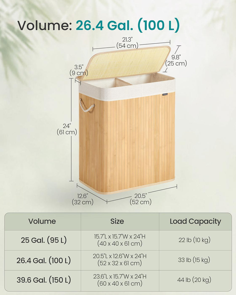 Laundry Basket – Bamboo – Natural – Foldable with Removable and Machine Washable Liner