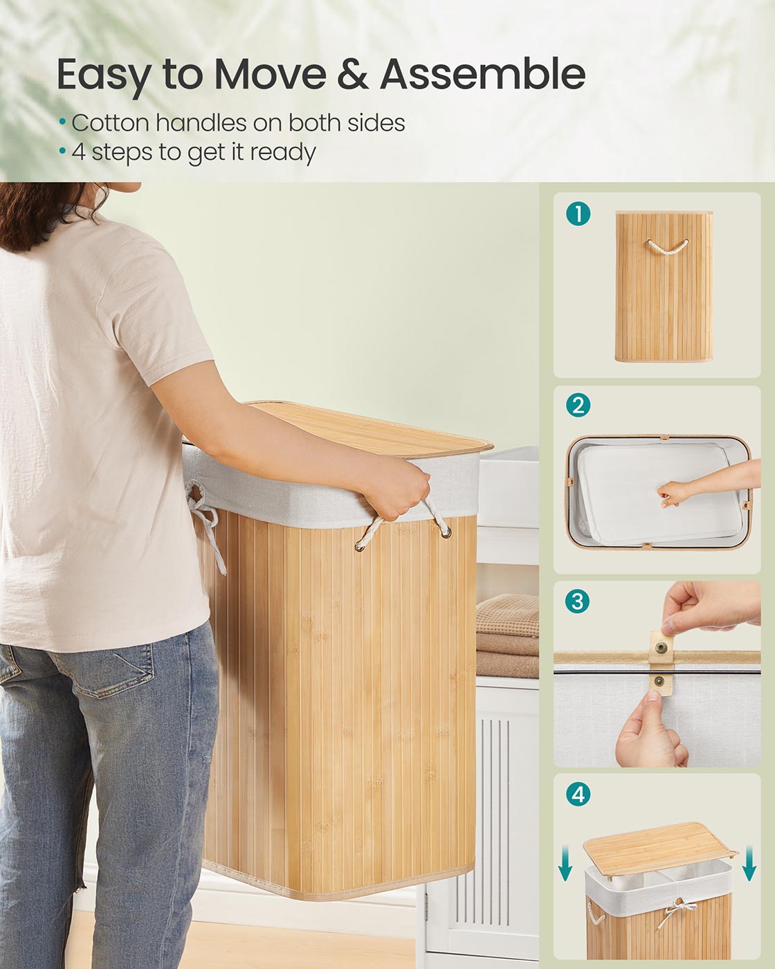 Laundry Basket – Bamboo – Natural – Foldable with Removable and Machine Washable Liner