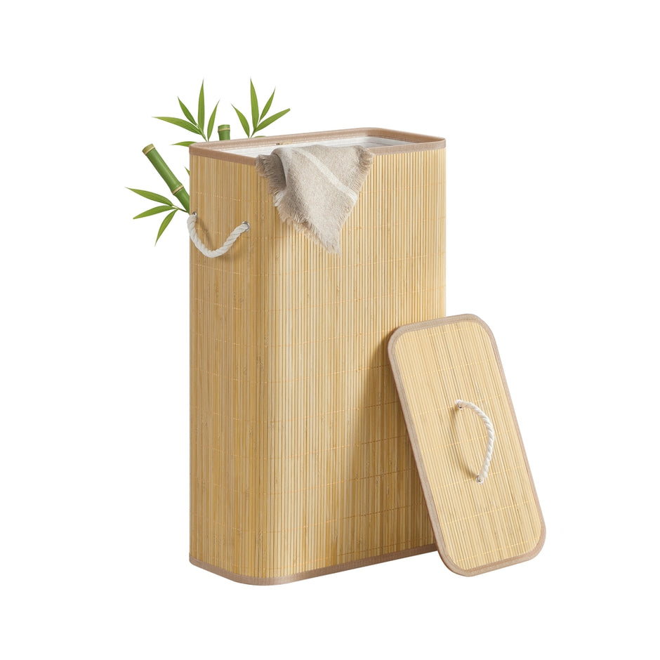 Laundry Basket with Lid - 60L - Bamboo & Polyester-Cotton Blend - Collapsible - Removable Machine-Washable Liner