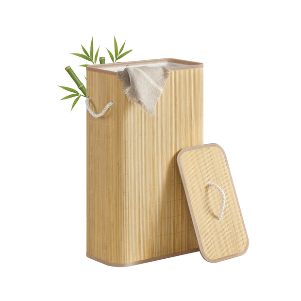 Laundry Basket with Lid - 60L - Bamboo & Polyester-Cotton Blend - Collapsible - Removable Machine-Washable Liner