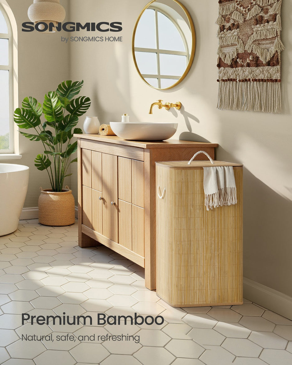 Laundry Basket with Lid - 60L - Bamboo & Polyester-Cotton Blend - Collapsible - Removable Machine-Washable Liner
