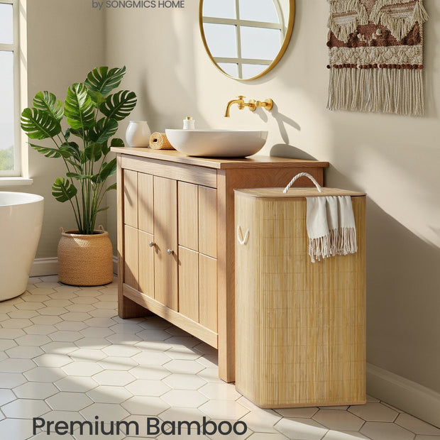 Laundry Basket with Lid - 60L - Bamboo & Polyester-Cotton Blend - Collapsible - Removable Machine-Washable Liner