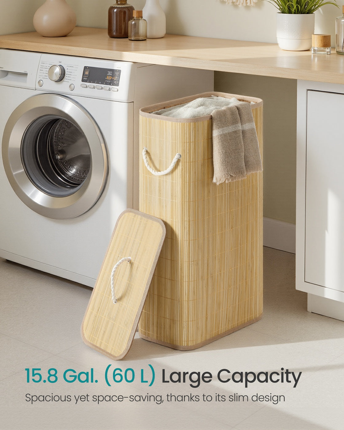Laundry Basket with Lid - 60L - Bamboo & Polyester-Cotton Blend - Collapsible - Removable Machine-Washable Liner