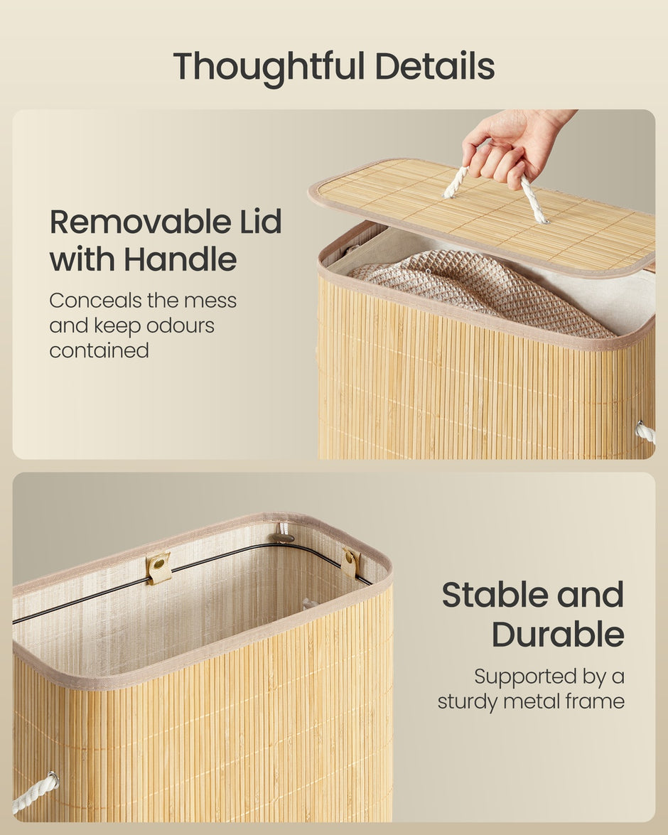 Laundry Basket with Lid - 60L - Bamboo & Polyester-Cotton Blend - Collapsible - Removable Machine-Washable Liner