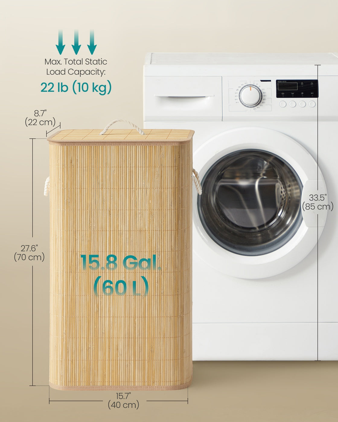 Laundry Basket with Lid - 60L - Bamboo & Polyester-Cotton Blend - Collapsible - Removable Machine-Washable Liner
