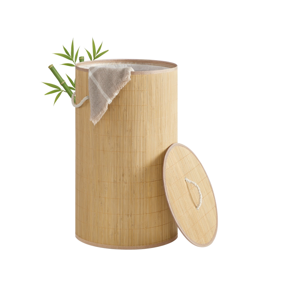 Laundry Basket with Lid - 60L - Bamboo & Polyester-Cotton Blend - Collapsible - Removable Machine-Washable Liner