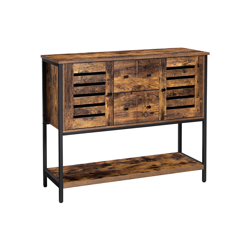 Storage Cabinet – Engineered Wood – Rustic Brown and Black – 2 Drawers, 2 Cupboards, Open Shelf, Industrial Style